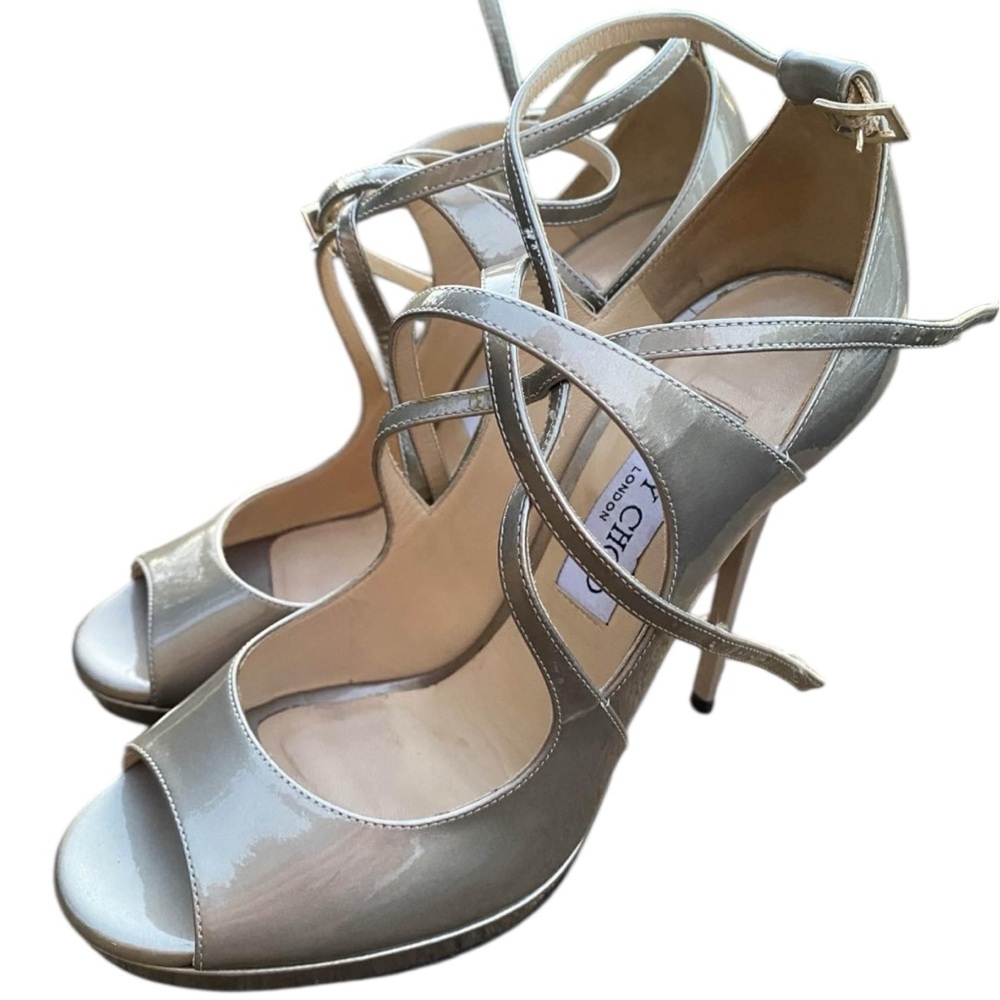 Jimmy Choo ATLAS Heels – Rare Metallic Patent Leather Strappy Platform (EU 37)